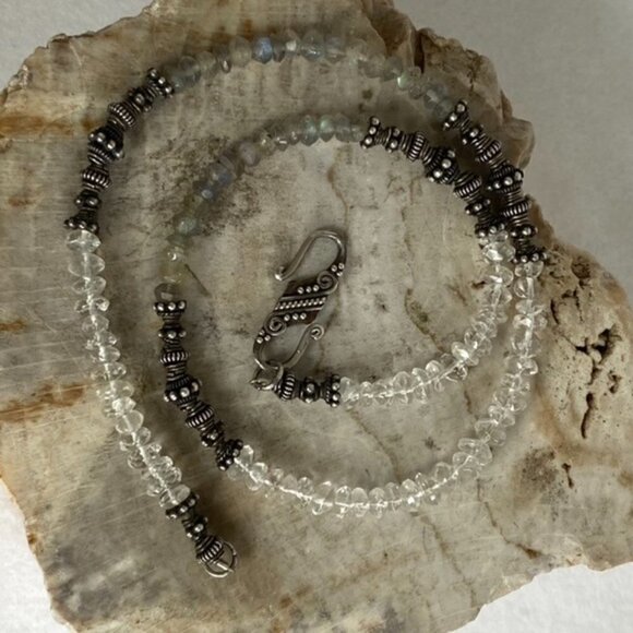 Sterling Silver 925 Labradorite & Quartz Beaded Necklace 17" Hook Closure 21g - Picture 7 of 16